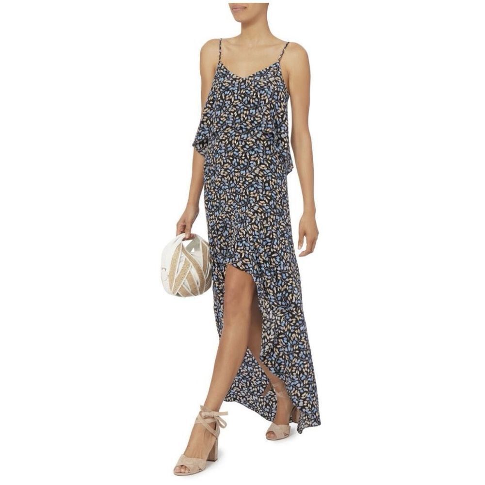 INTERMIX RUFFLED HIGH-LOW DRESS LAYLA NAVY LEAF PRINT SILK SIZE SMALL